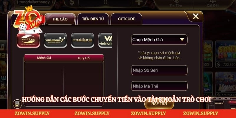 Hướng dẫn các bước chuyển tiền vào tài khoản trò chơi